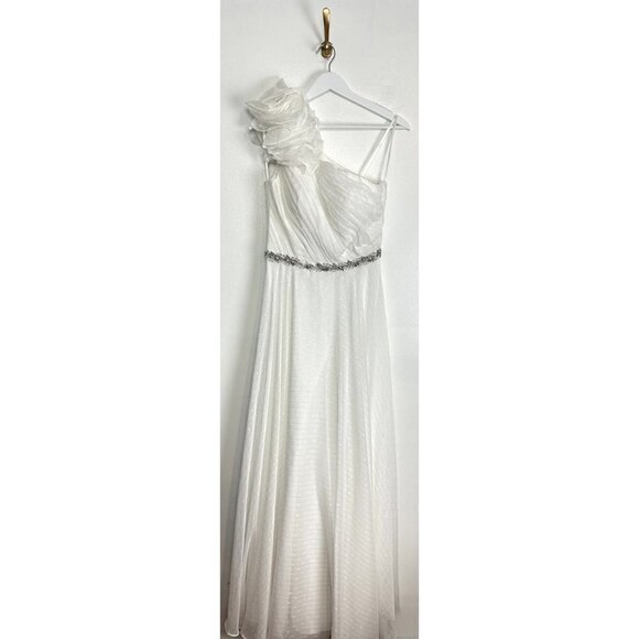 MAC DUGGAL Rosette One-Shoulder Fil Coupé Chiffon Gown in White Size US 6 - Picture 3 of 11